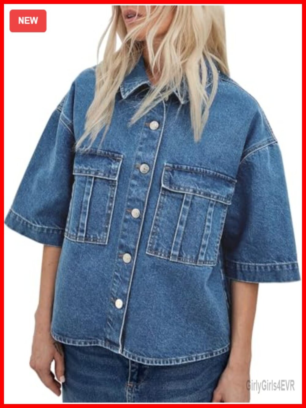 Oversized Short Sleeve Cropped Denim Jacket Button Down Jean Top